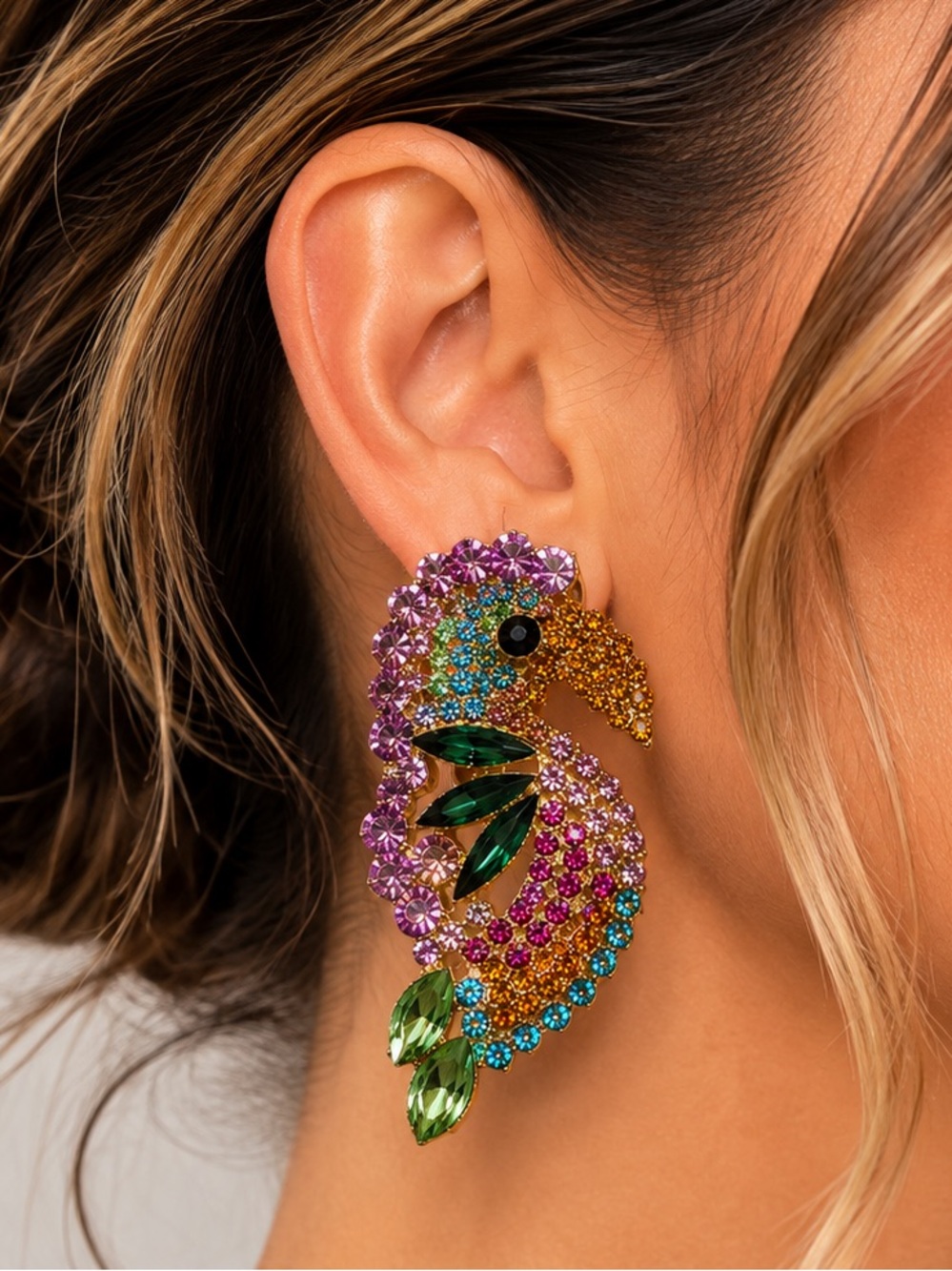 Multicolor Rhinestone Peacock Statement Earrings Gold Tone